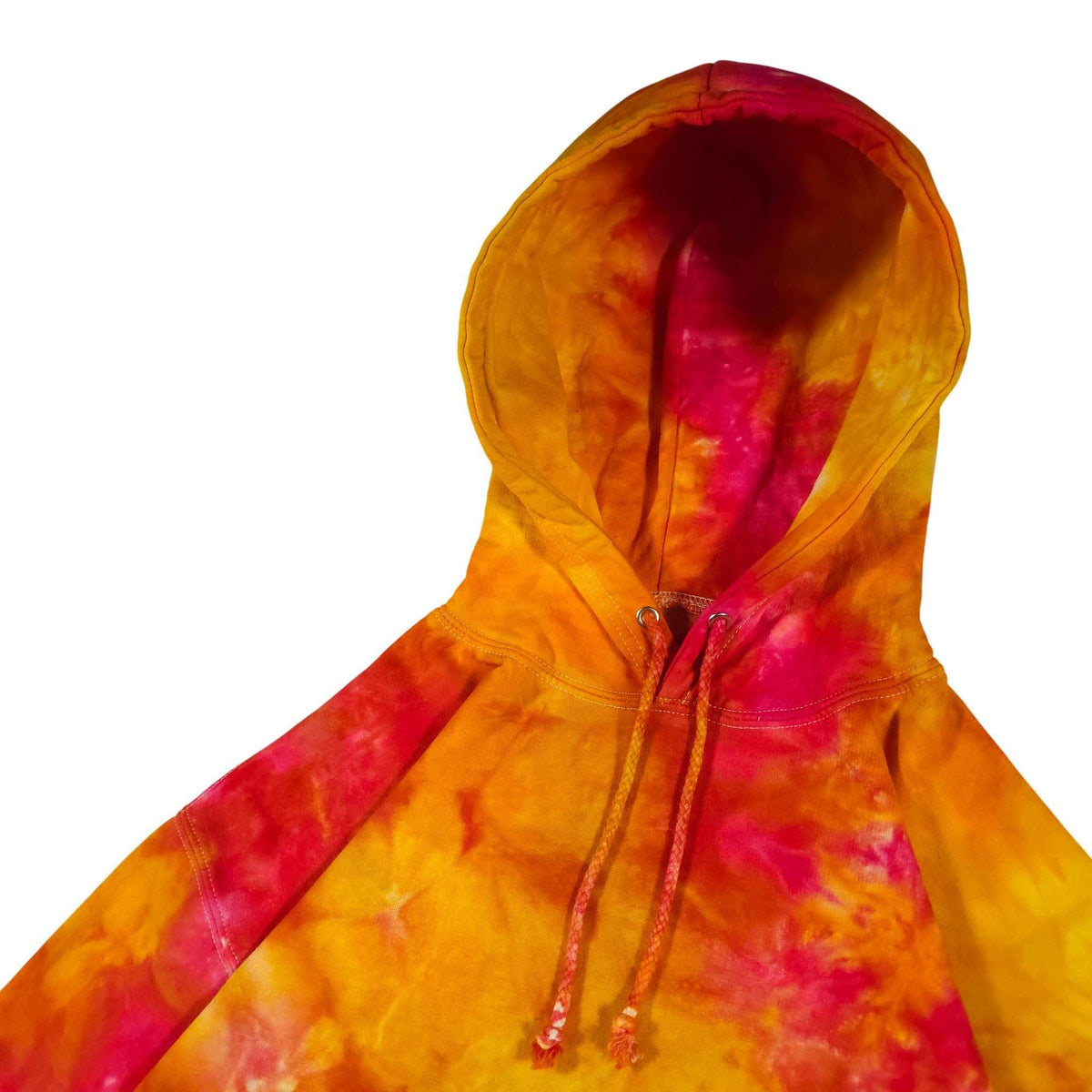 Tie-dye hoodie back with hood seam, orange and magenta center panel