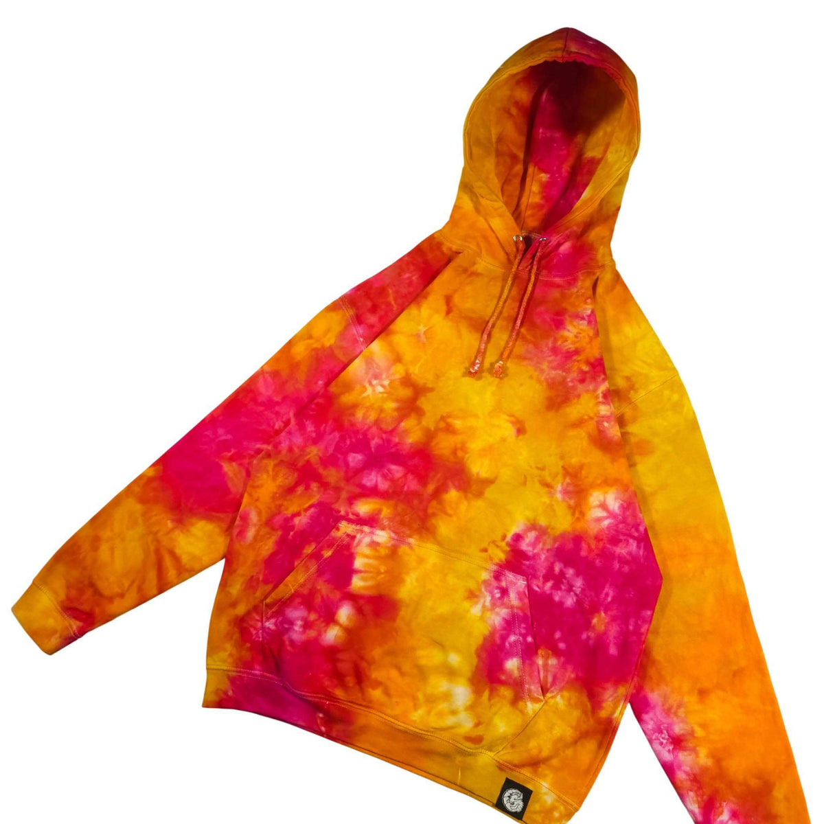 Tie-dye pullover hoodie with drawstring hood and kangaroo pocket, orange and pink