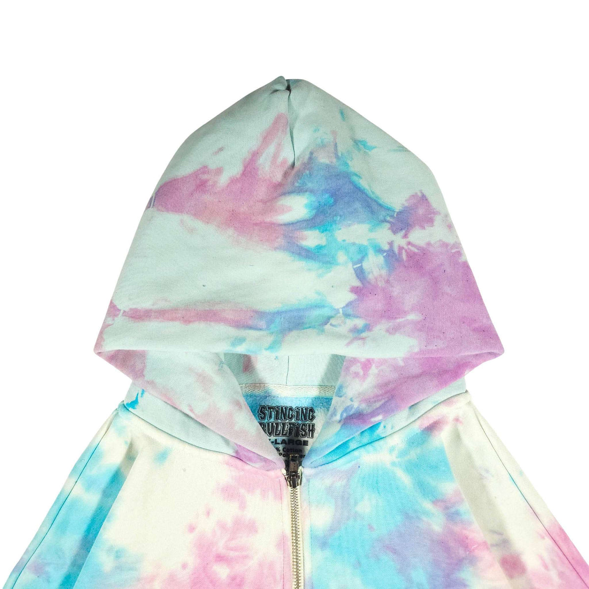 Close-up pastel tie-dye zip-up hoodie hood with front zipper opening