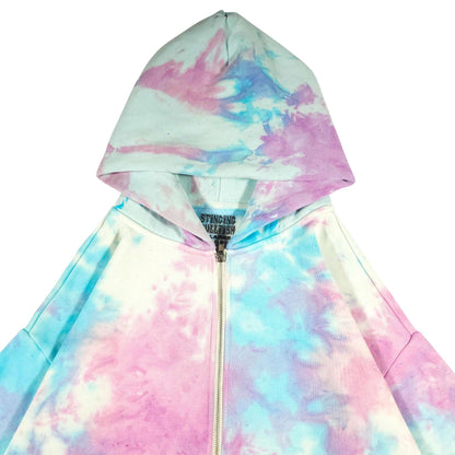 Close-up pastel tie-dye zip-up hoodie with hood and metal zipper