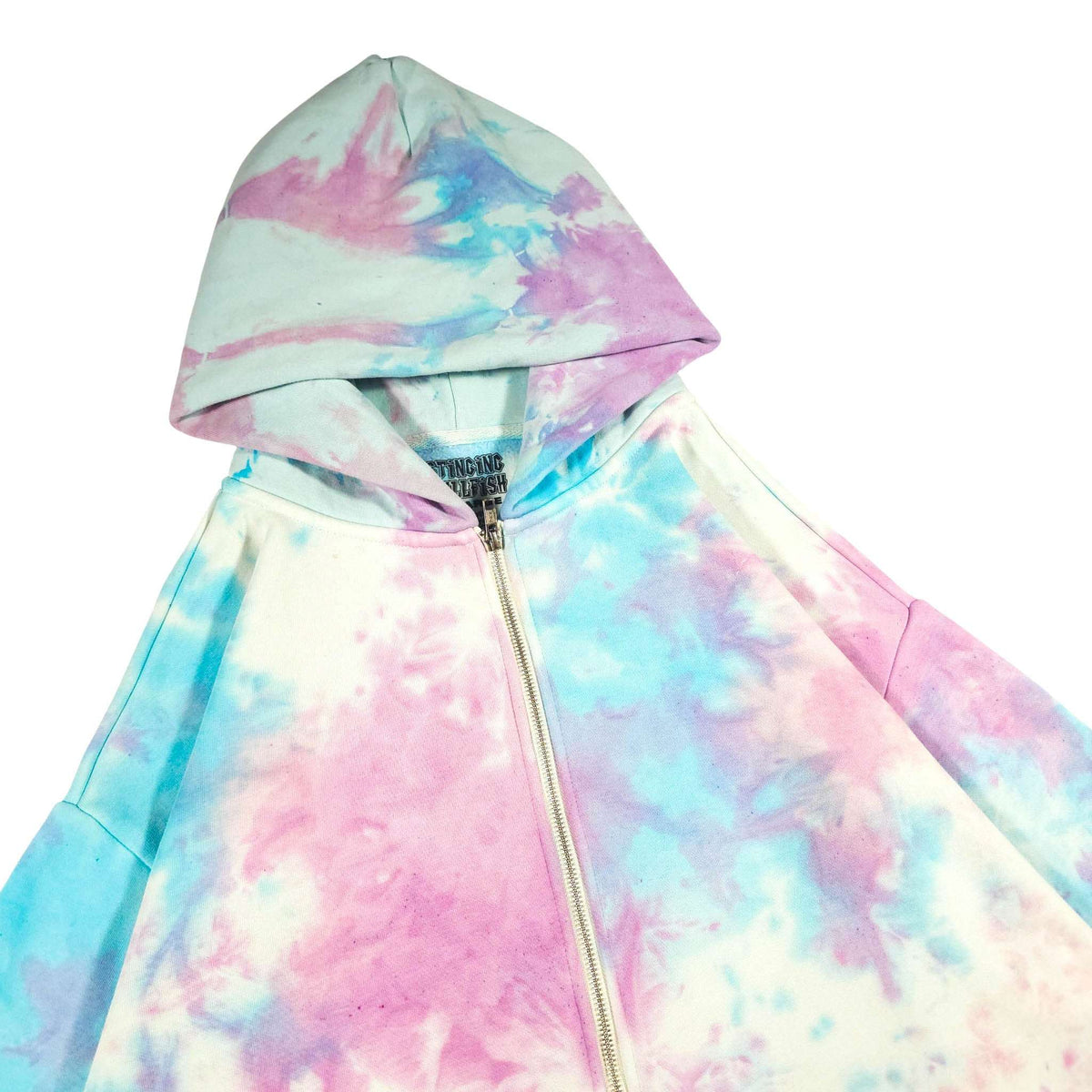 Pastel tie-dye zip-up hoodie close-up showing hood and zipper placket
