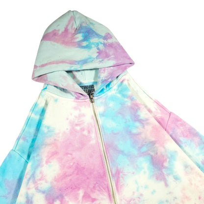 Pastel tie-dye zip-up hoodie close-up showing hood and zipper placket
