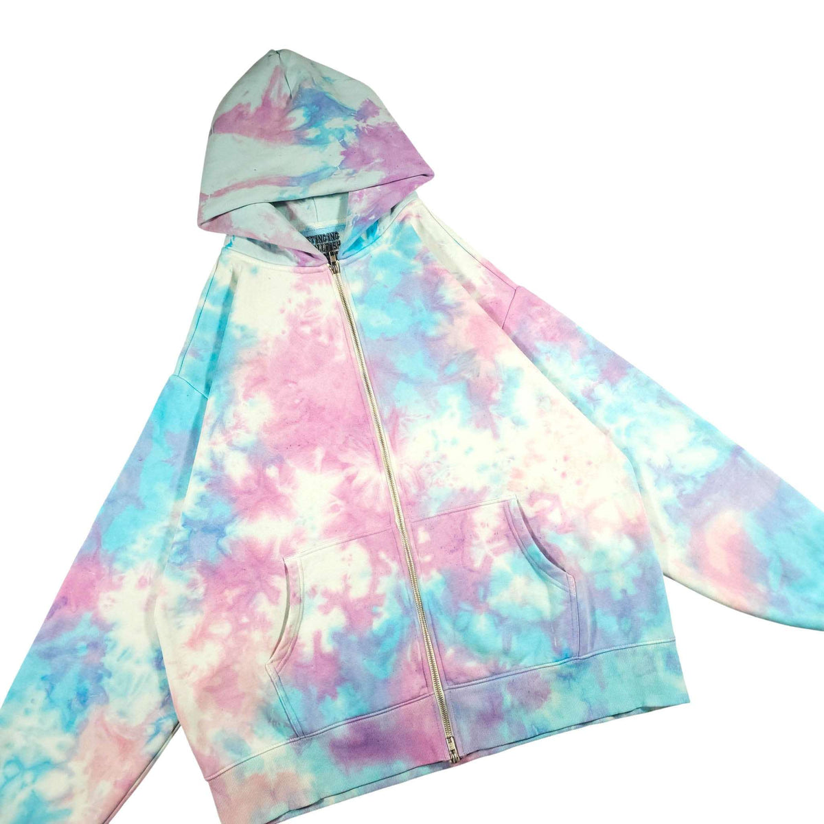 Pastel tie-dye zip-up hoodie with hood, front zipper, and side view sleeves