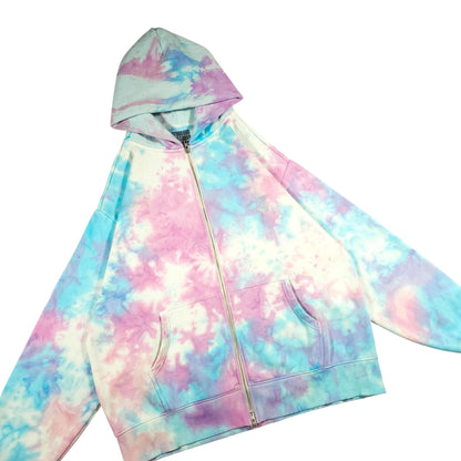 Pastel tie-dye zip-up hoodie with hood, front zipper, and side view sleeves