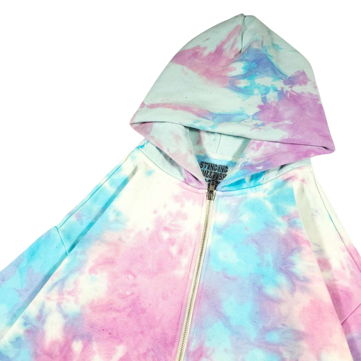 Close-up pastel tie-dye zip-up hoodie hood with visible zipper and collar