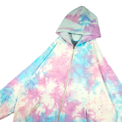 Pastel tie-dye zip-up hoodie with hood, front zipper, and kangaroo pocket openings