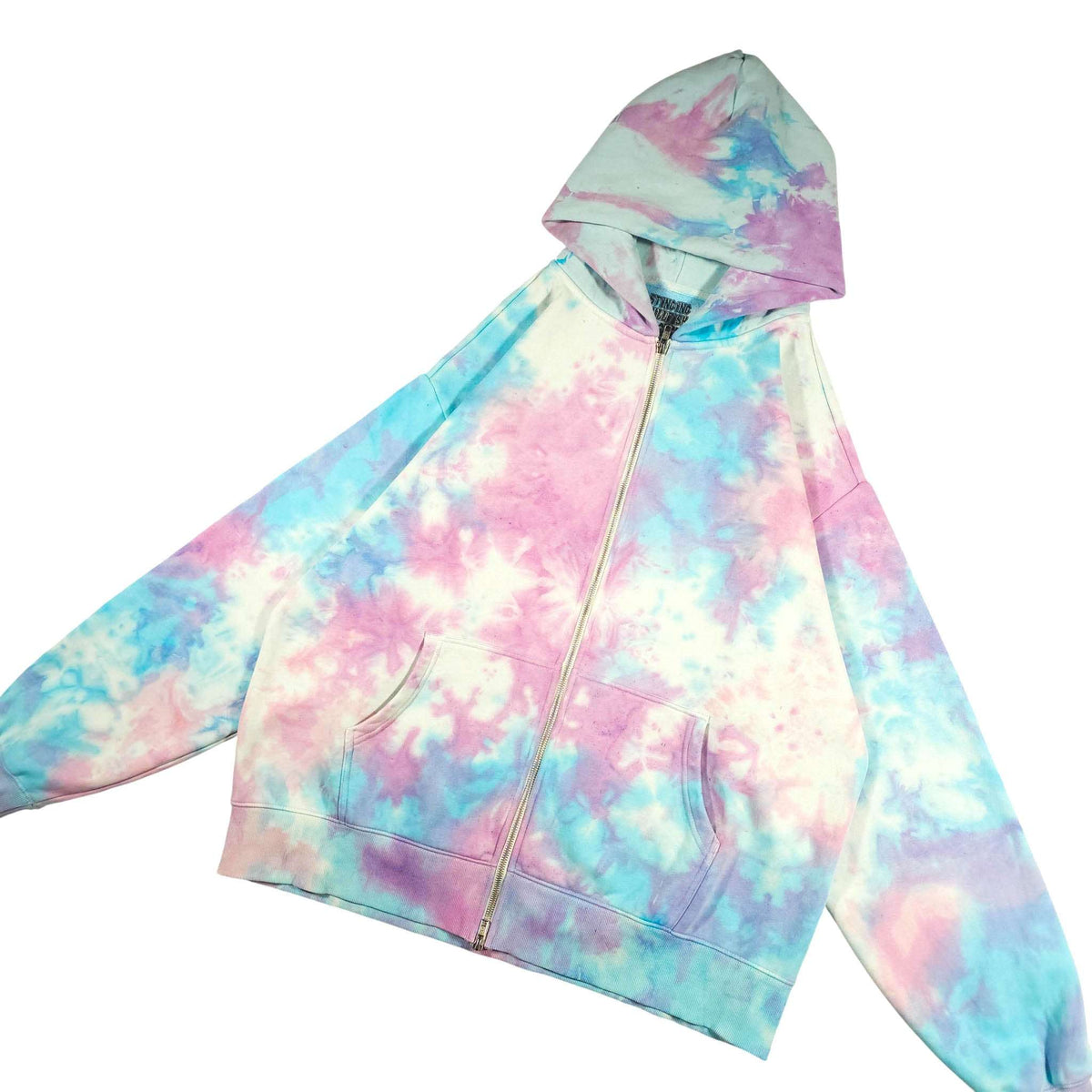 Pastel tie-dye zip-up hoodie with hood, full zipper, and kangaroo pocket pouch