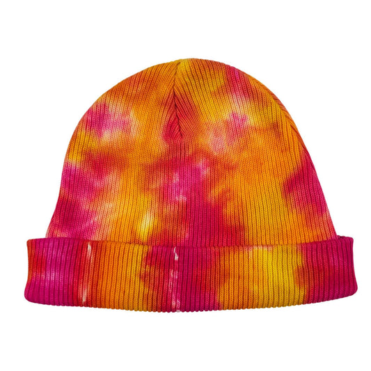 Fruit salad tie-dye knit beanie hat with ribbed magenta cuff