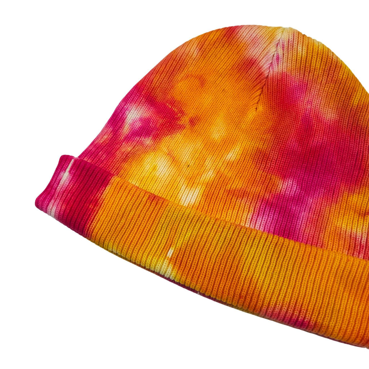 Multicolor tie-dye knit beanie hat with folded cuff in magenta