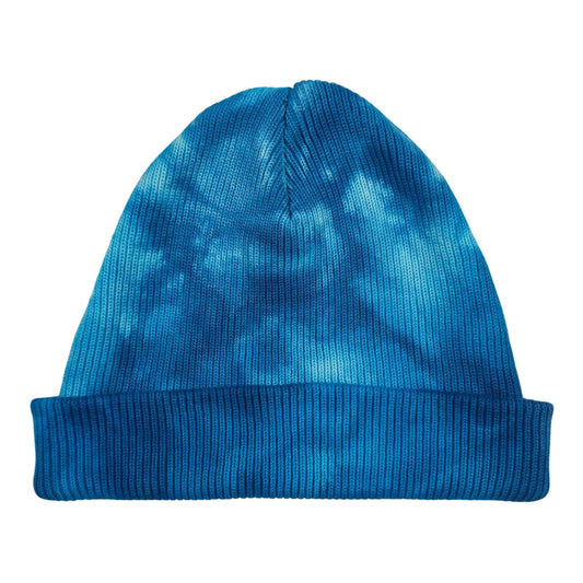 Blue tie-dye knit beanie hat with ribbed cuff and domed crown