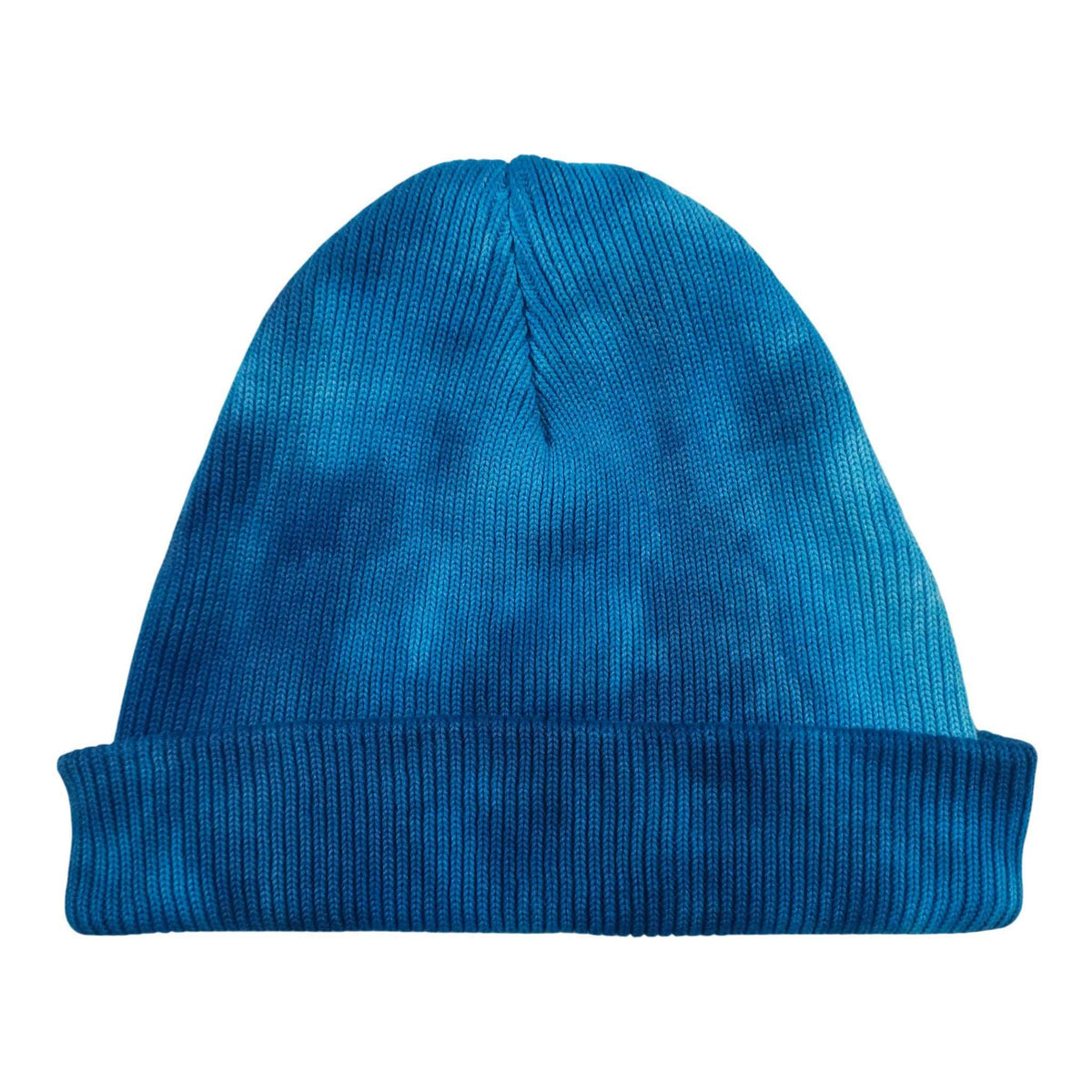Blue tie-dye knit beanie with ribbed cuff and rounded crown