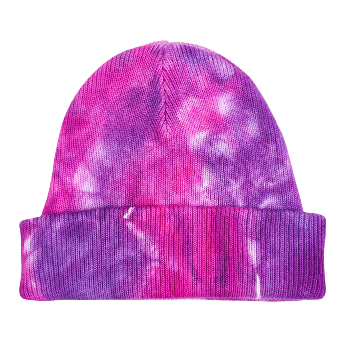 Pink and purple tie-dye knit beanie hat with ribbed fold-up cuff
