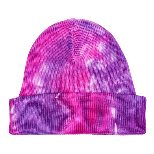 Pink and purple tie-dye knit beanie hat with ribbed fold-up cuff