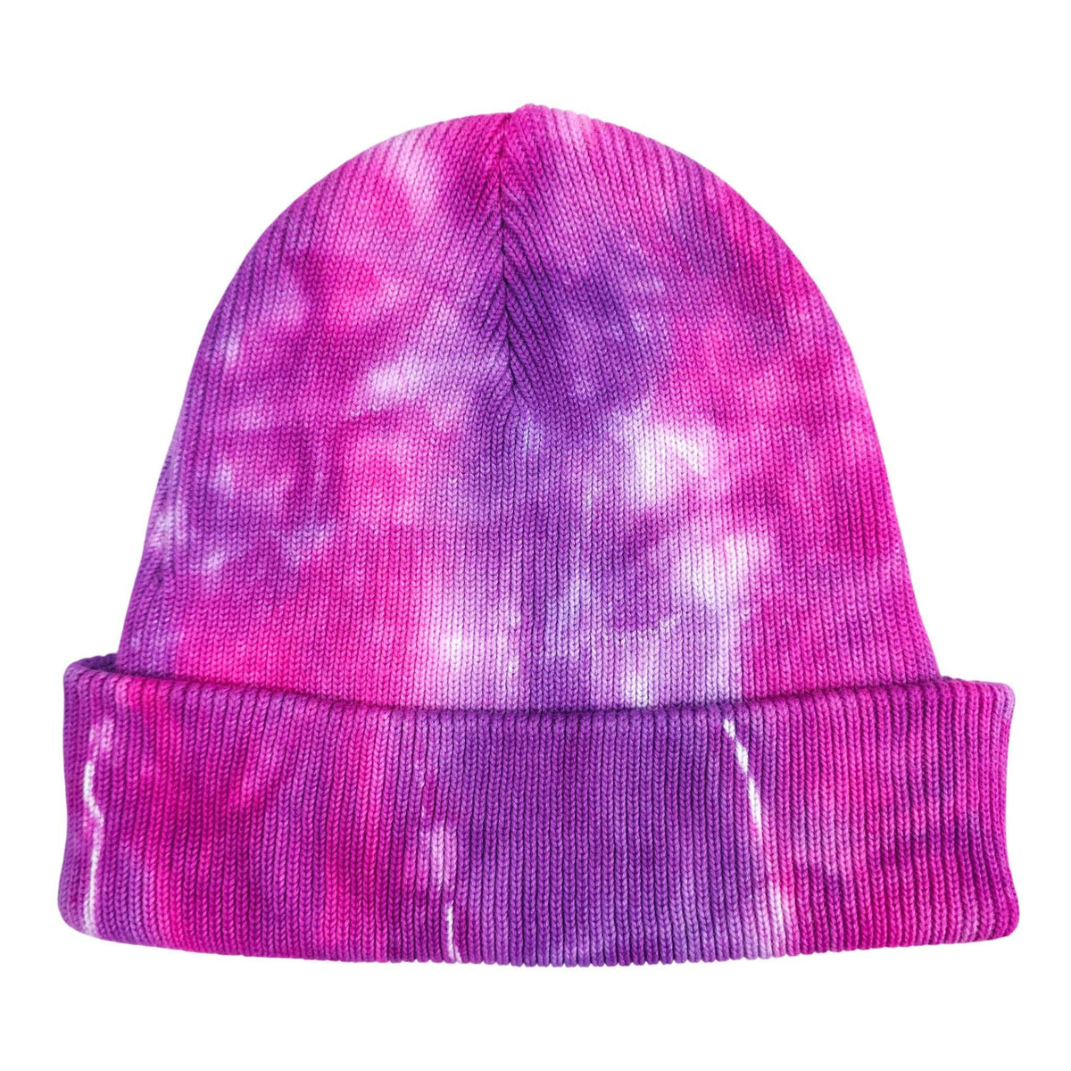 Pink and purple tie-dye beanie with ribbed fold cuff and center knit panel
