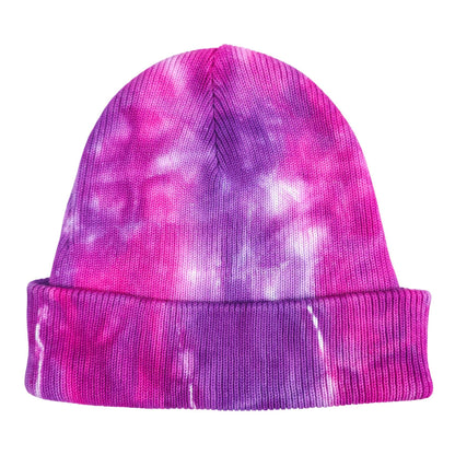 Pink and purple tie-dye beanie with ribbed fold cuff and center knit panel