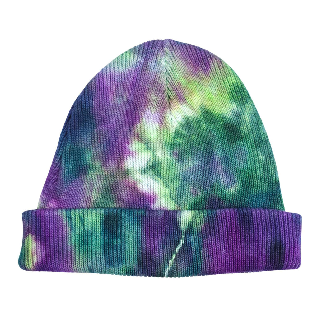 Tie-dye knit beanie hat with purple and green swirls and ribbed cuff