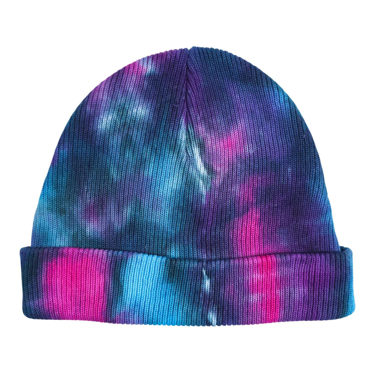 Tie-dye beanie hat with folded cuff, blue-to-purple pattern with pink highlights