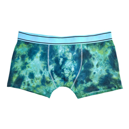 Tie-dye boxer briefs in blue-green with contrast elastic waistband and front pouch