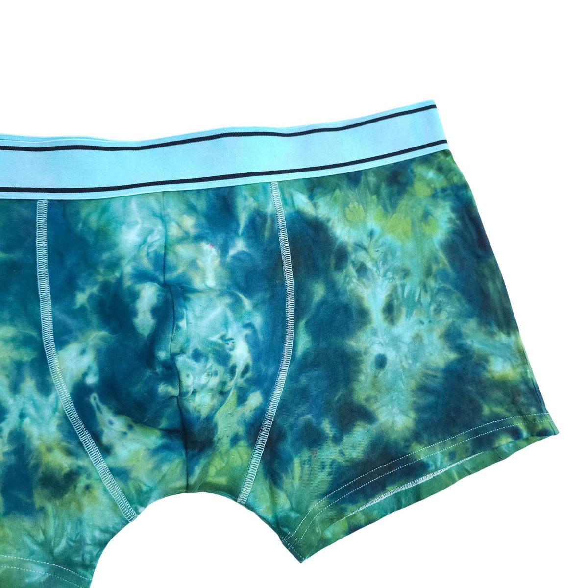 Blue-green tie-dye boxer briefs with elastic waistband and stitched fly seam detail