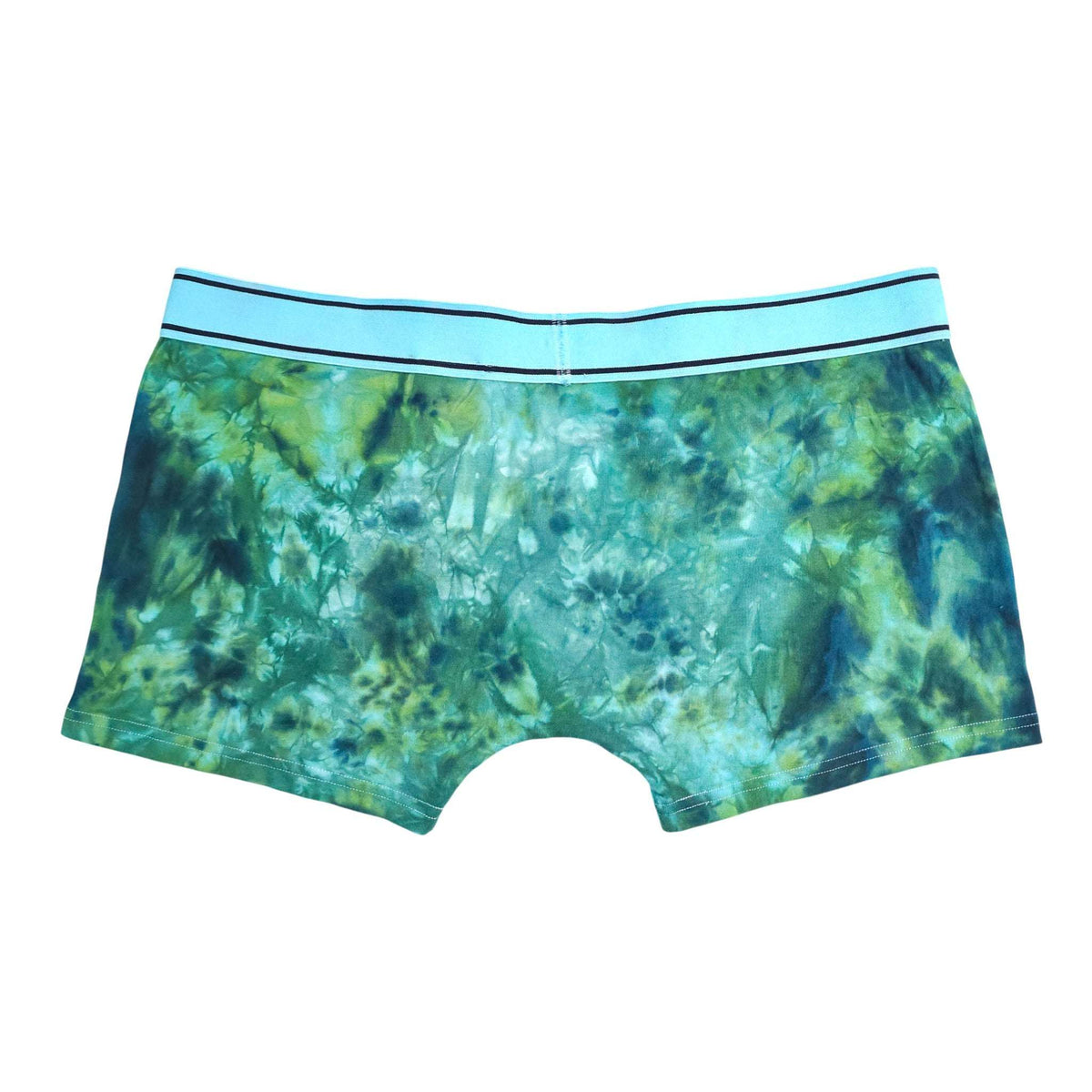 Blue-green tie-dye boxer briefs, back view with elastic waistband