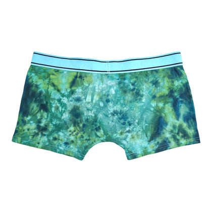 Blue-green tie-dye boxer briefs, back view with elastic waistband