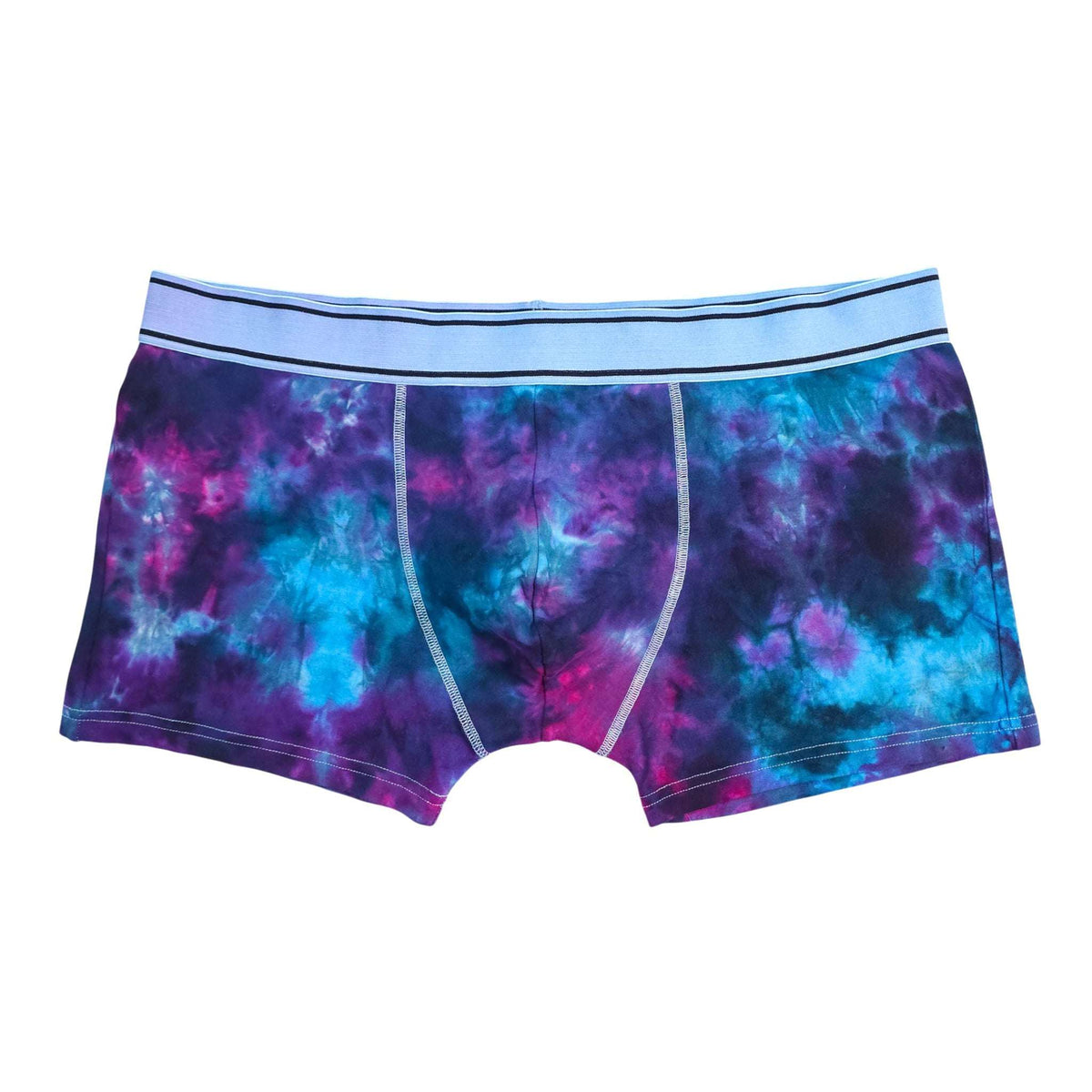 Men's tie-dye boxer briefs in blue and purple nebula pattern, with light-blue waistband.
