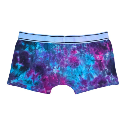 Men's tie-dye boxer briefs front view, blue and purple cloud pattern with seam details.