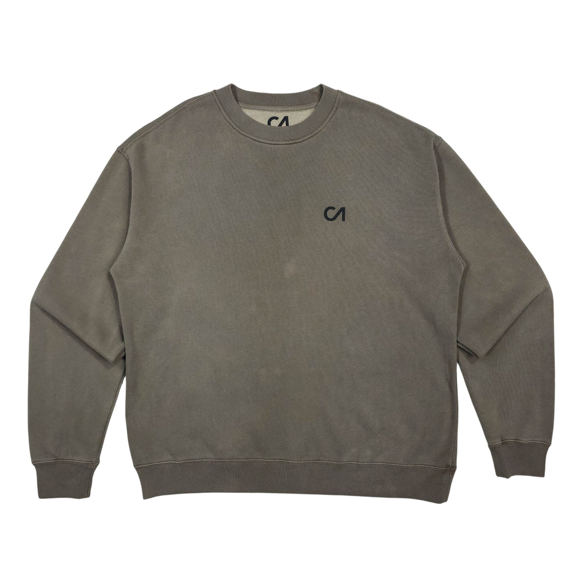 Charcoal crewneck pullover sweatshirt, long sleeves, ribbed hem and cuffs, CA chest logo