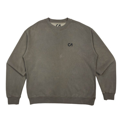 Charcoal crewneck pullover sweatshirt, long sleeves, ribbed hem and cuffs, CA chest logo