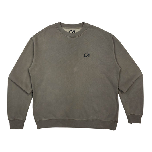 Charcoal crewneck pullover sweatshirt, long sleeves, ribbed hem and cuffs, CA chest logo