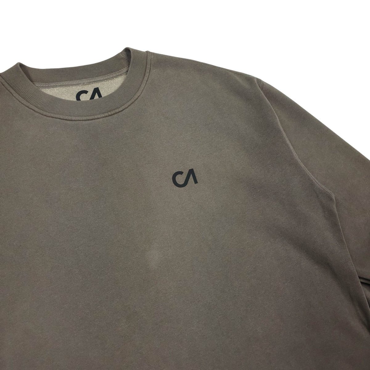 Charcoal crewneck pullover sweatshirt with small CA logo on chest