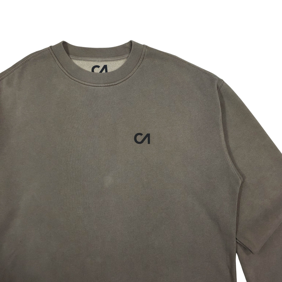 Charcoal crewneck pullover sweatshirt with embroidered CA logo at chest