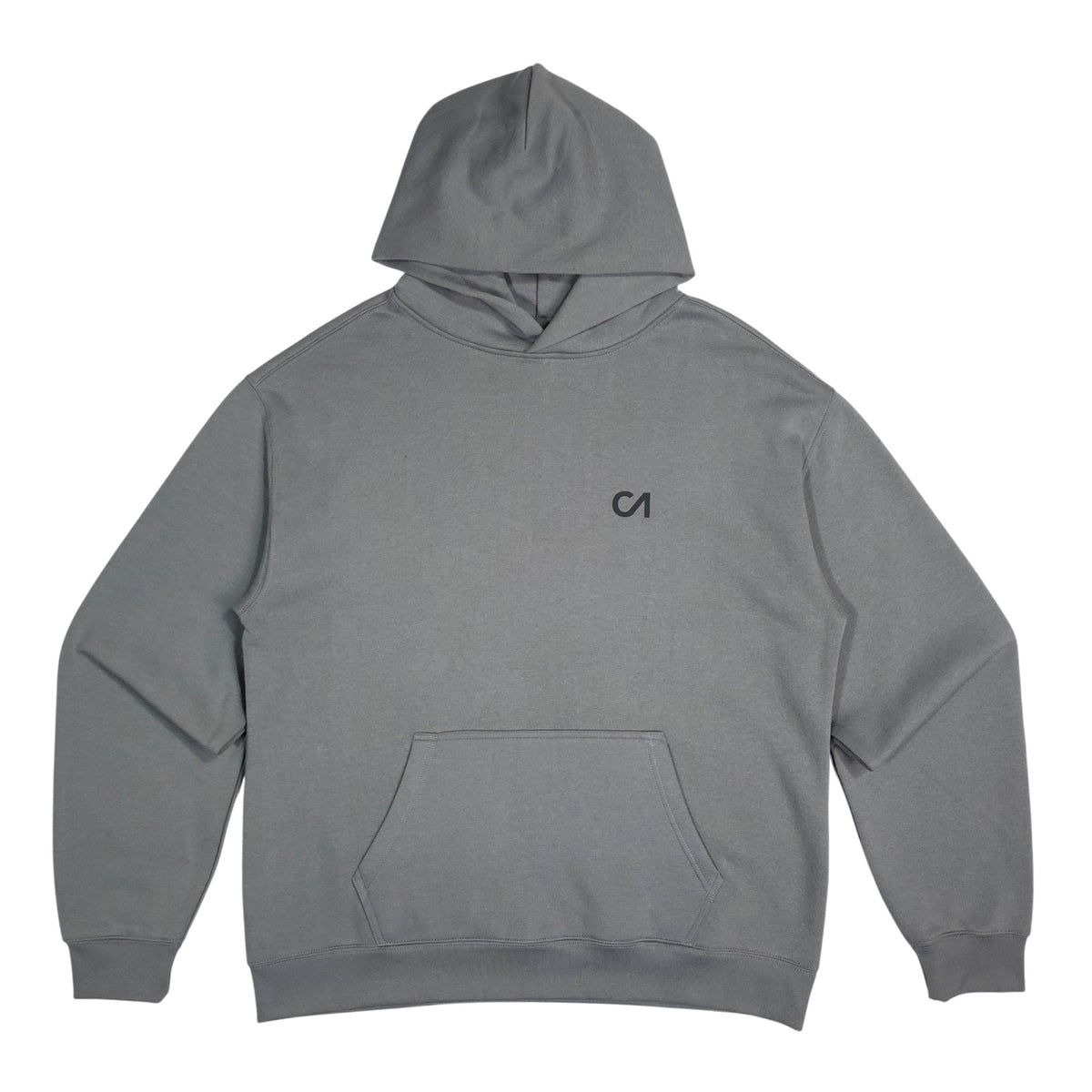 Grey pullover hoodie with kangaroo pocket and small chest logo