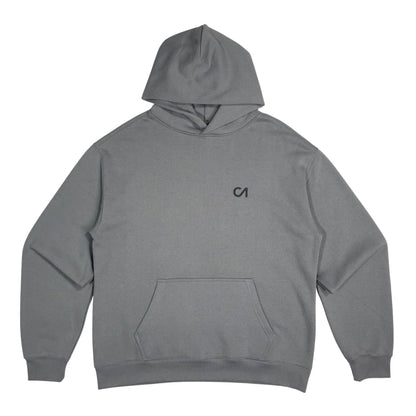 Grey pullover hoodie with kangaroo pocket and small chest logo