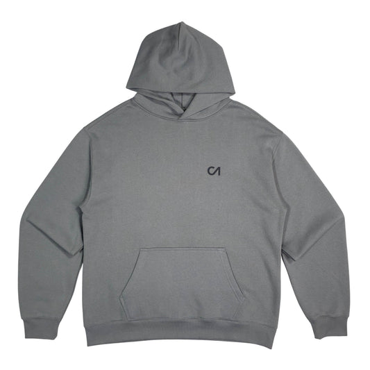 Grey pullover hoodie with kangaroo pocket and small chest logo