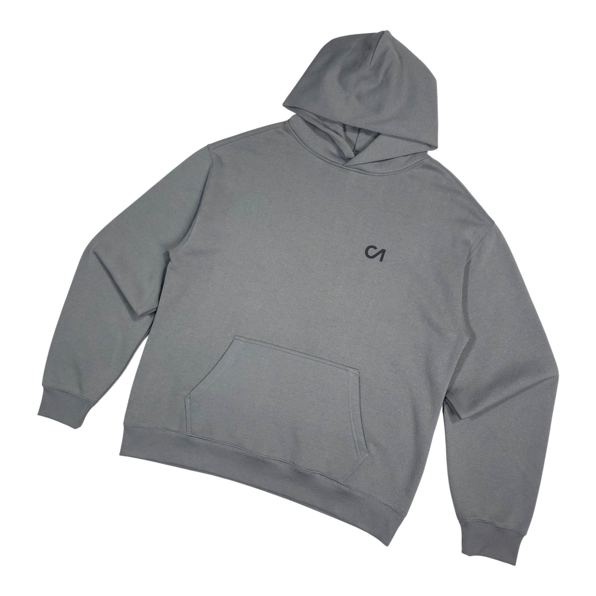 Grey pullover hoodie with kangaroo pocket and hood, angled front view