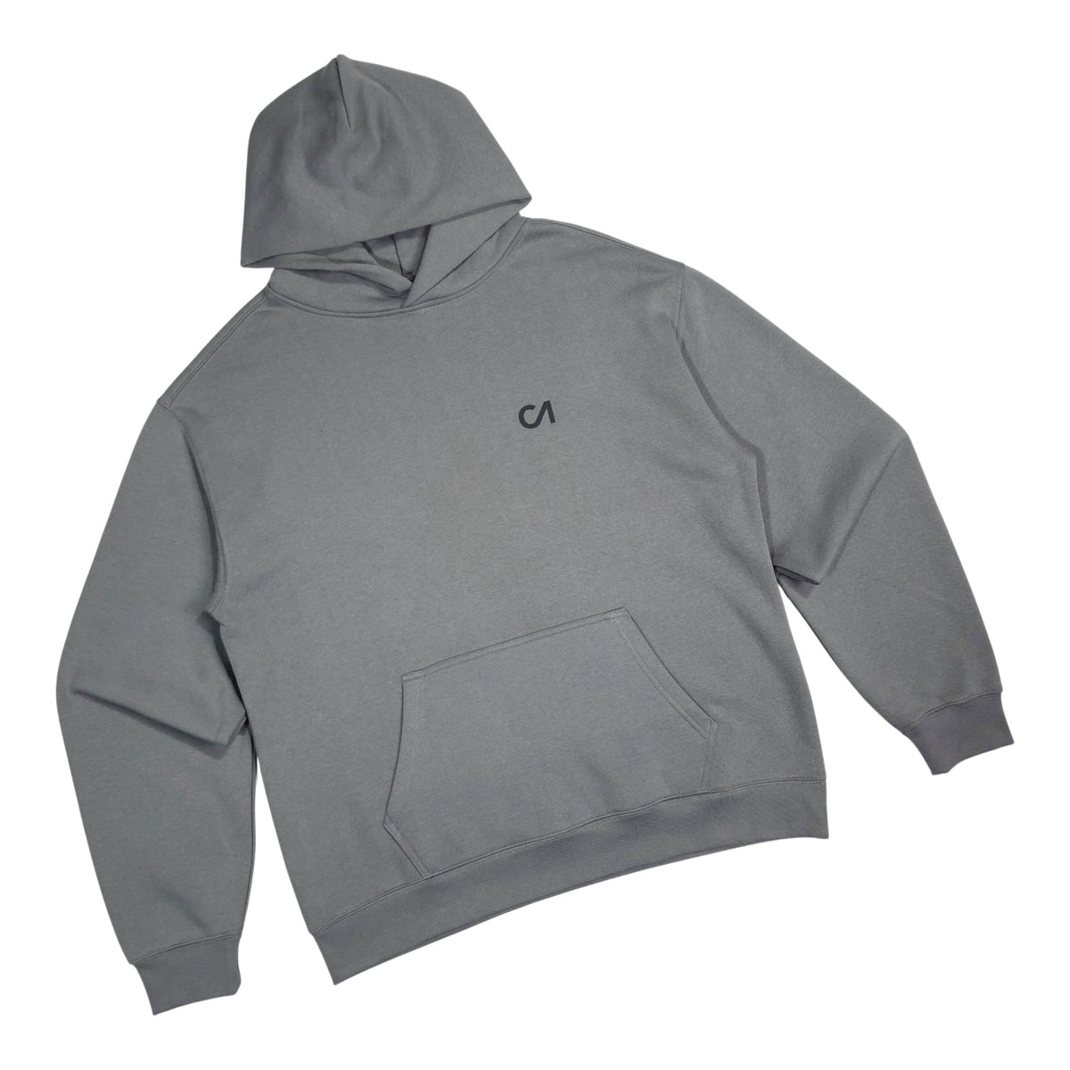 Grey pullover hoodie with kangaroo pocket and chest logo, tilted view