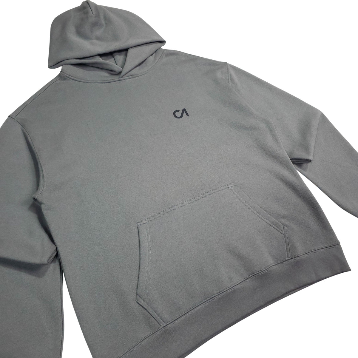 Grey pullover hoodie with hood and kangaroo pocket, close front