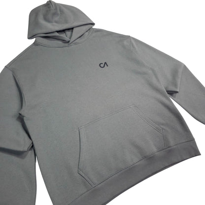 Grey pullover hoodie with hood and kangaroo pocket, close front