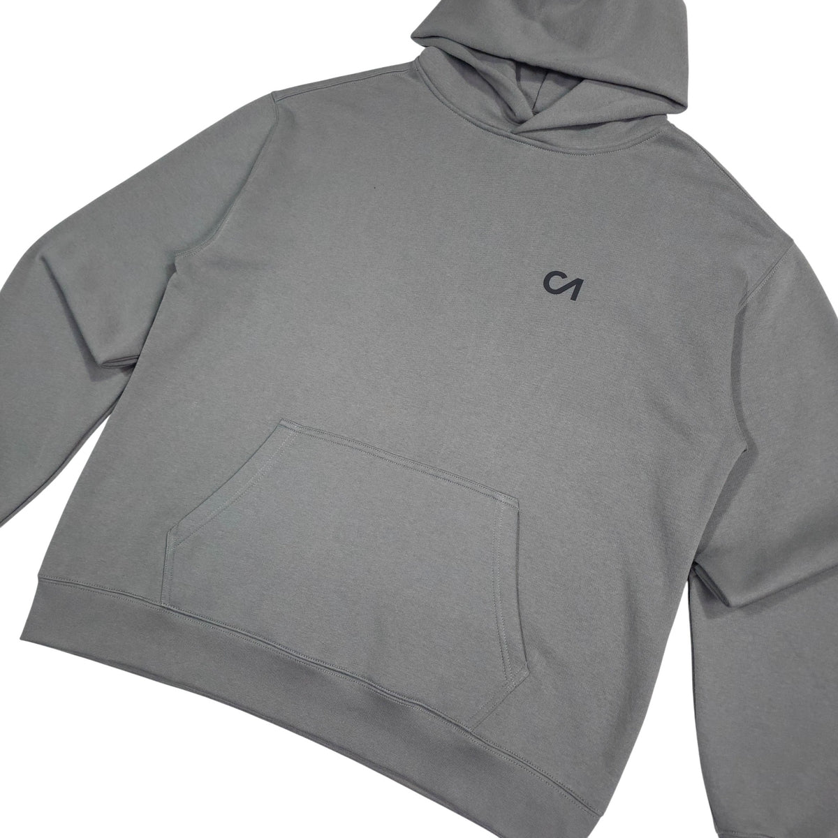 Grey pullover hoodie with hood, chest logo, and kangaroo pocket