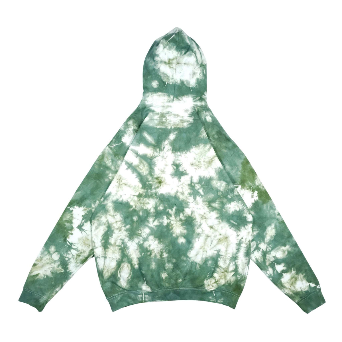 Green and white tie-dye pullover hoodie with hood and kangaroo pocket, long sleeves.