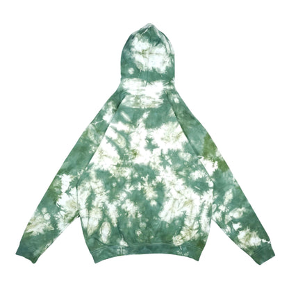 Green and white tie-dye pullover hoodie with hood and kangaroo pocket, long sleeves.