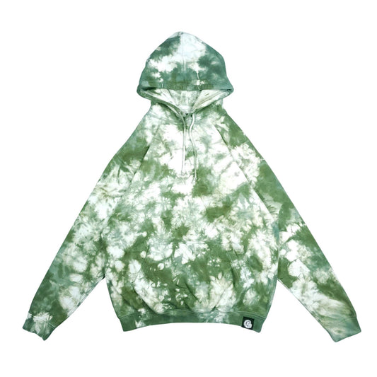 Green and white tie-dye pullover hoodie with hood, drawstring, and front pouch pocket.