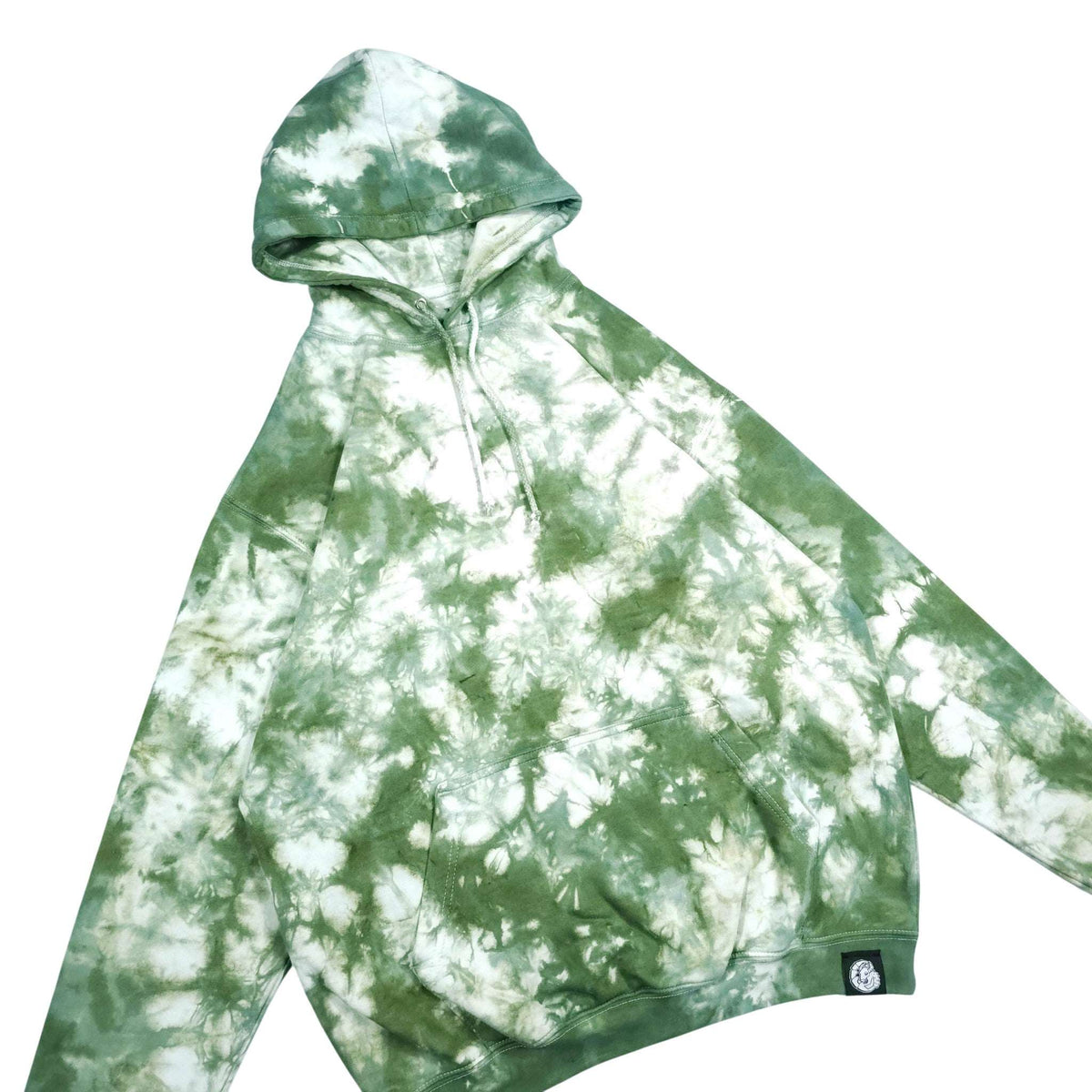 Green tie-dye pullover hoodie with hood, drawstrings, and kangaroo pocket with logo tag.