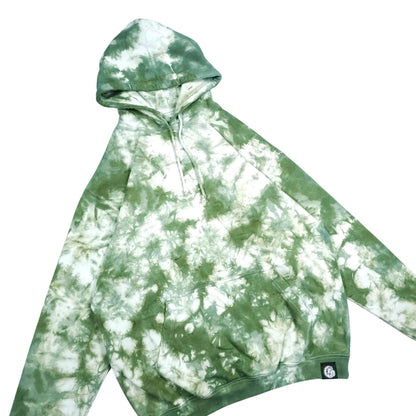 Green tie-dye pullover hoodie with hood, drawstrings, and kangaroo pocket with logo tag.