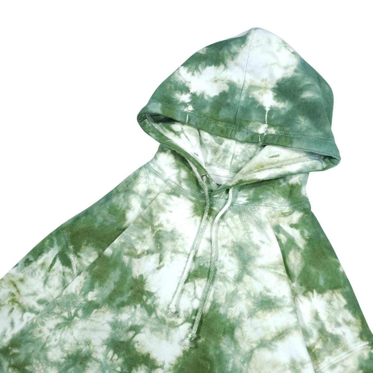 Tie-dye pullover hoodie with hood and front drawstring, showing stitching details.