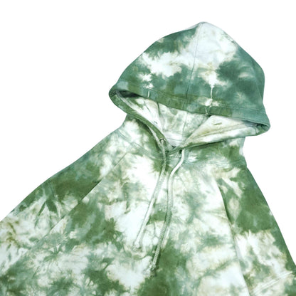 Tie-dye pullover hoodie with hood and front drawstring, showing stitching details.
