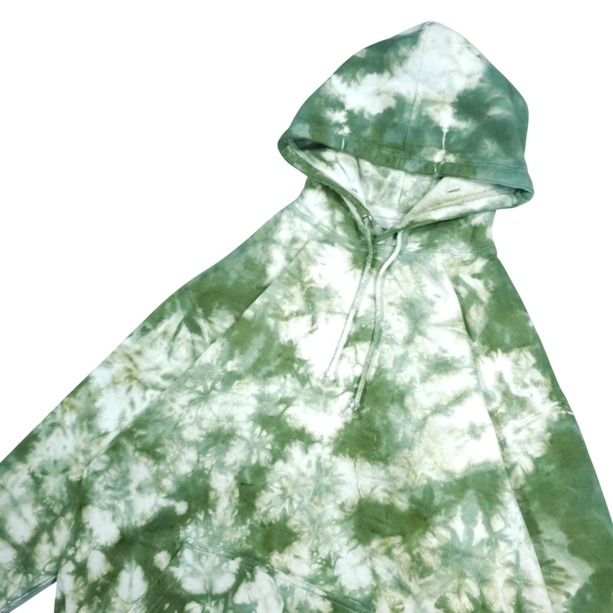 Tie-dye pullover hoodie with hood and drawstring, long sleeves, ribbed hem.