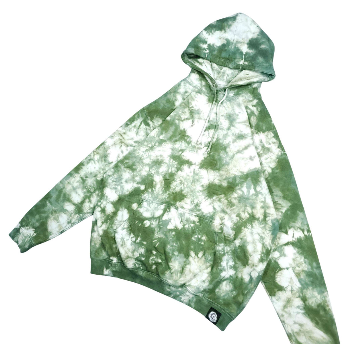 Green and white tie-dye pullover hoodie with hood, drawstring, kangaroo pocket, long sleeves.