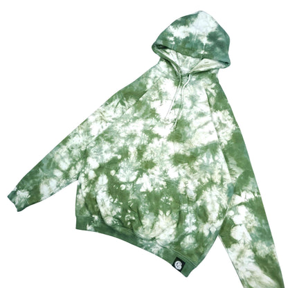 Green and white tie-dye pullover hoodie with hood, drawstring, kangaroo pocket, long sleeves.